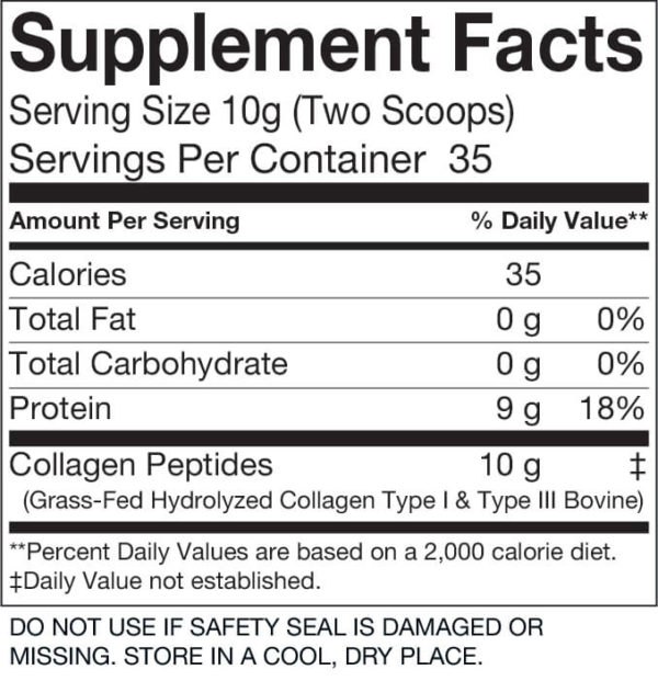 A label showing the ingredients of Collagen Type 1 & 3 Grass Fed 350g – 35 servings.