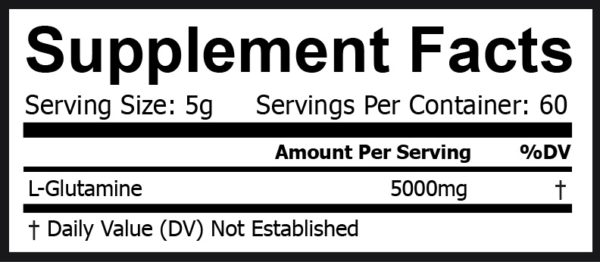 A label for a supplement with the words Glutamine Powder 300g.