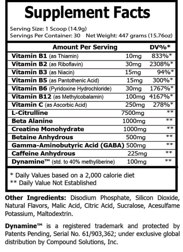 Pre-Workout Tropical Sunrise supplement facts.