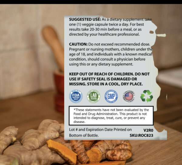 A label for the product Turmeric w/Ginger that contains ginger and other ingredients.