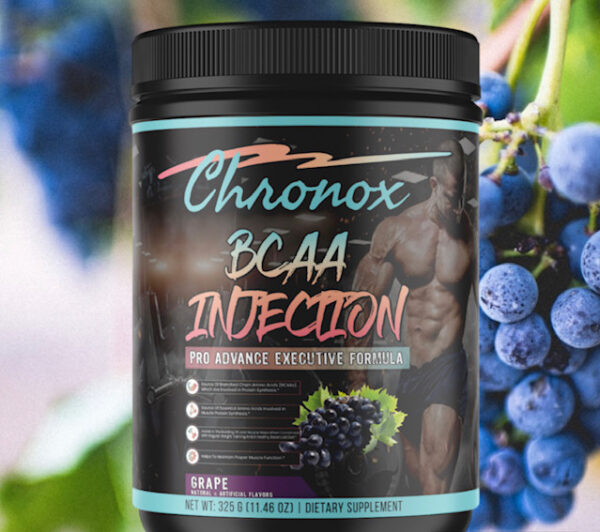 Chronox BCAA injection with BCAA Grape in the background.