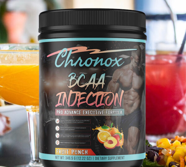 A bottle of BCAA Fruit Punch injection with fruit and drinks.