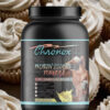 A Protein Powder Box in Black on a cupcake Background