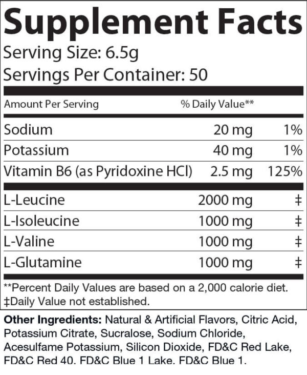 A label for a supplement that contains BCAA Grape and vitamin c.