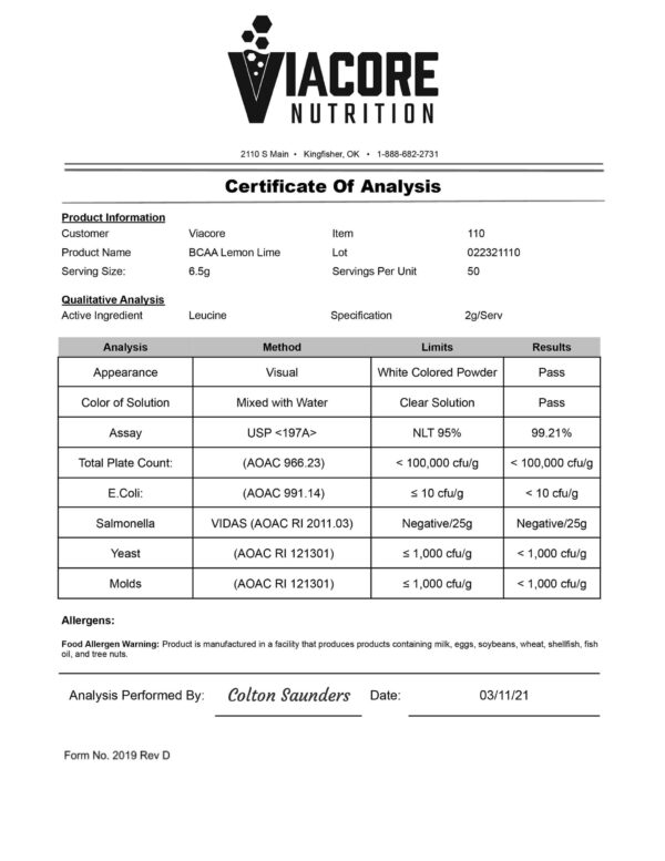 Vacore nutrition BCAA Lemon certificate of analysis template.