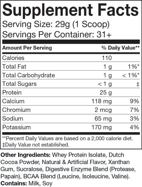 A nutrition label showing the ingredients of a Protein Isolate chocolate.