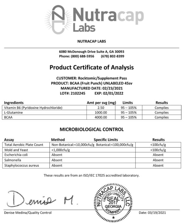 Nutricap labs BCAA Fruit Punch certificate of analysis.