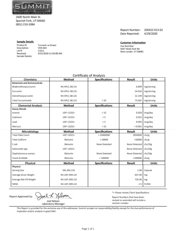 A document with the word Turmeric w/Ginger on it.